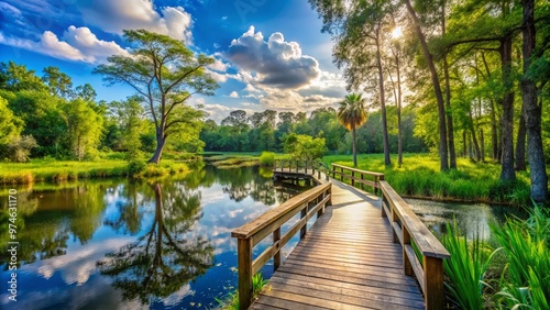 Serene forest landscape with wooden boardwalk and lush greenery surrounding a tranquil pond at a nature preserve on a sunny afternoon.