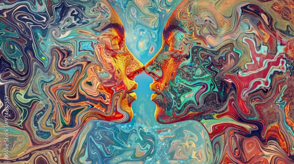 Playful abstract art depicting two ai characters sharing a kiss in vibrant colors and patterns Playful abstract art depicting two ai characters sharing a kiss in vibrant colors and patterns