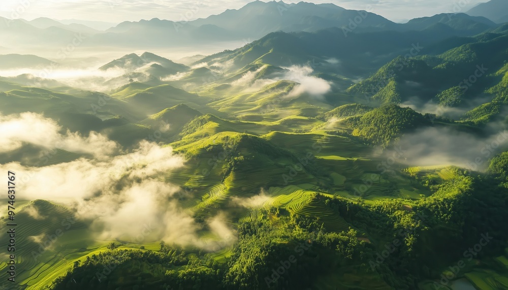 Obraz premium Stunning Aerial View Of Pa Bong Piang Terraced Rice Fields In Chiang Mai, Thailand: Majestic Mountain Valley And Lush Nature Landscape. Roof Plan Included.