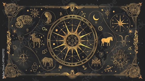 Celestial Chart with Zodiac Signs and Constellations photo