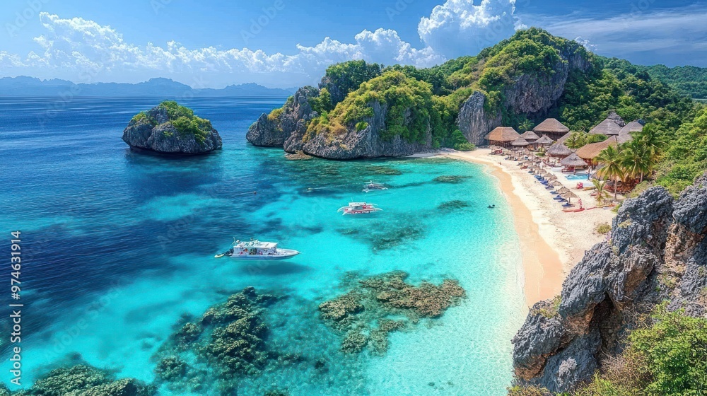 Tropical beach with clear waters and lush greenery. Tropical beach with clear waters and lush greenery.