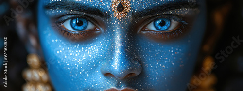 Closeup portrait of Hindu god Lord Krishna with blue skin and beautiful jewelry. Krishna Janmashtami photo