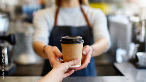 Coffee to go in hand of barista in coffee shop