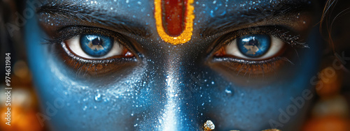 Closeup portrait of Hindu god Lord Krishna with blue skin and beautiful jewelry. Krishna Janmashtami photo