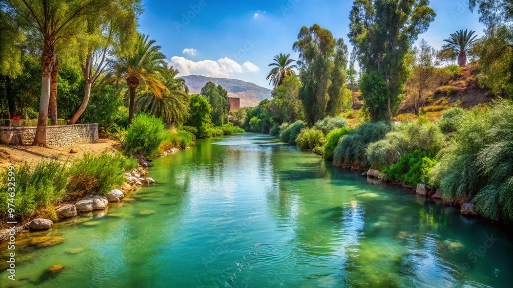 Serenely flowing water of the Jordan River, with lush greenery and distant hills, in the historically significant site of a revered spiritual ritual.