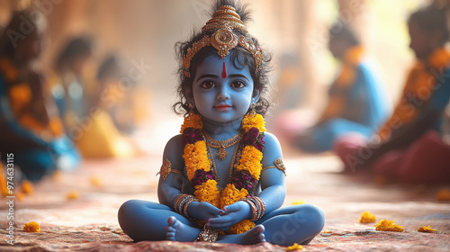 Cute little baby Krishna with blue skin on light background. Birthday of Krishna, eighth avatar of Vishnu. Shree Krishna photo