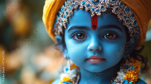 Cute little baby Krishna with blue skin on light background. Birthday of Krishna, eighth avatar of Vishnu. Shree Krishna photo