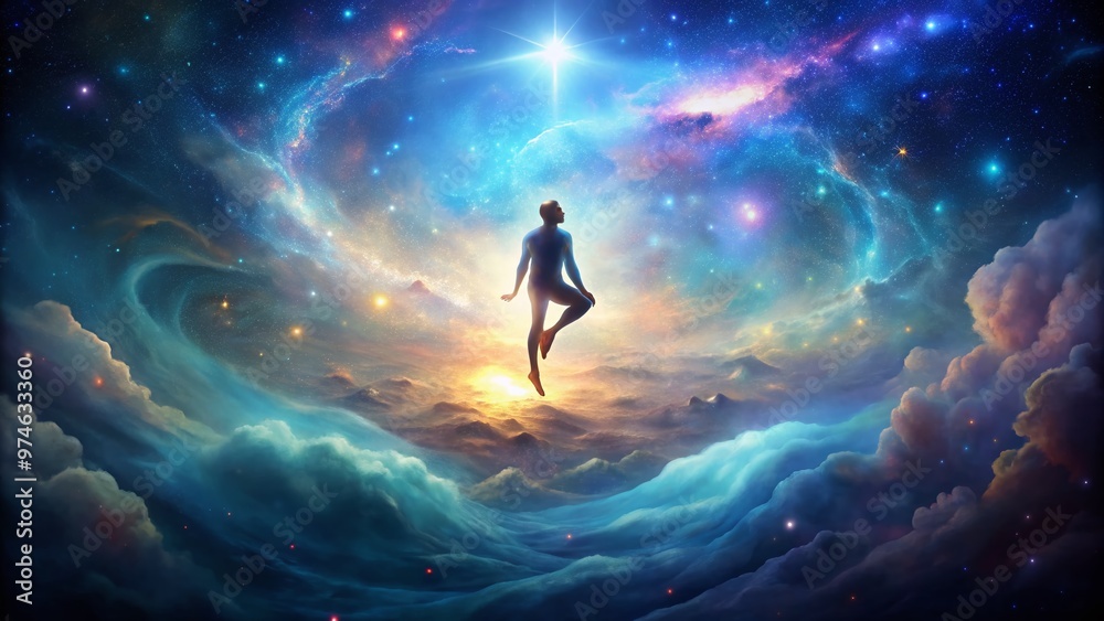 Serenely suspended in zero gravity, a glowing aura surrounds a peaceful figure, immersed in deep contemplation amidst wispy nebula clouds and twinkling starlight. Serenely suspended in zero gravity, a glowing aura surrounds a peaceful figure, immersed in deep contemplation amidst wispy nebula clouds and twinkling starlight.