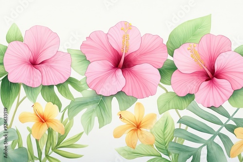 Beautiful hibiscus flowers with lush green foliage create a vibrant tropical scene, perfect for nature and floral themes. photo