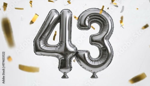 Silver birthday / anniversary balloon, number 43, white background with confetti photo