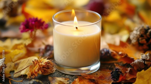 aromatherapy still life with ethereal scent wisps vanilla candle autumn leaves and dried flowers creating visible colorful tendrils of fragrance