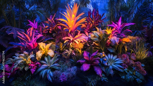 Vibrant Tropical Plants Illuminated in a Dark Forest.