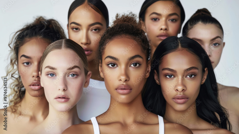 Obraz premium Diverse group of six women showcasing natural beauty in a minimalist setting