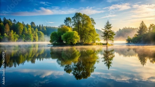 Serene morning scene of a tranquil lake with misty fog rolling in, reflected trees standing still, and gentle ripples on the calm water's surface.