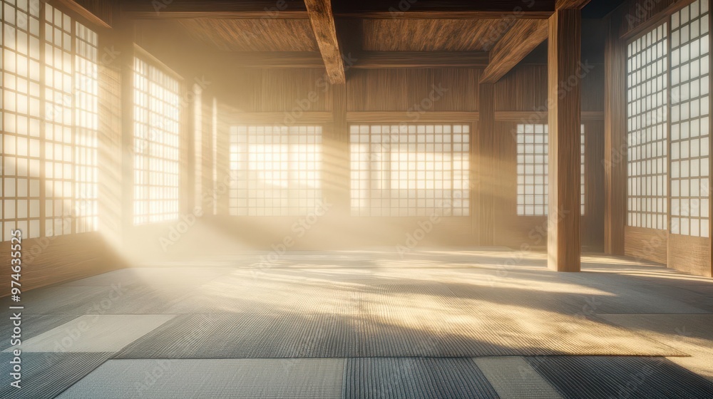 atmospheric 3d rendering of a traditional japanese dojo soft natural light filters through paper screens illuminating tatami mats and wooden architecture hazy air adds to the serene ambiance atmospheric 3d rendering of a traditional japanese dojo soft natural light filters through paper screens illuminating tatami mats and wooden architecture hazy air adds to the serene ambiance
