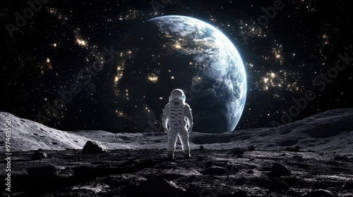 astronaut on lunar surface gazing at massive earthlike planet cosmic wonder photo