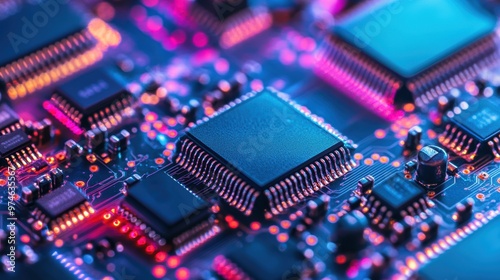 Detailed view of a microchip integrated into a circuit board, illuminated by vibrant lighting, highlighting advanced electronics and semiconductor technology. 