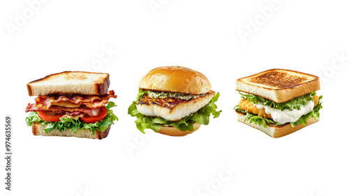 A trio of gourmet sandwiches and burgers, including BLT, grilled chicken sandwich, and a grilled cheese