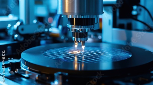 Precision Laser Cutting on a Silicon Wafer. The laser head is focused on the wafer, performing intricate cuts required for semiconductor manufacturing. 