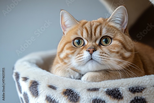 A regal British Shorthair gazing serenely from a plush cushion, its dense coat creating a picture of sophistication