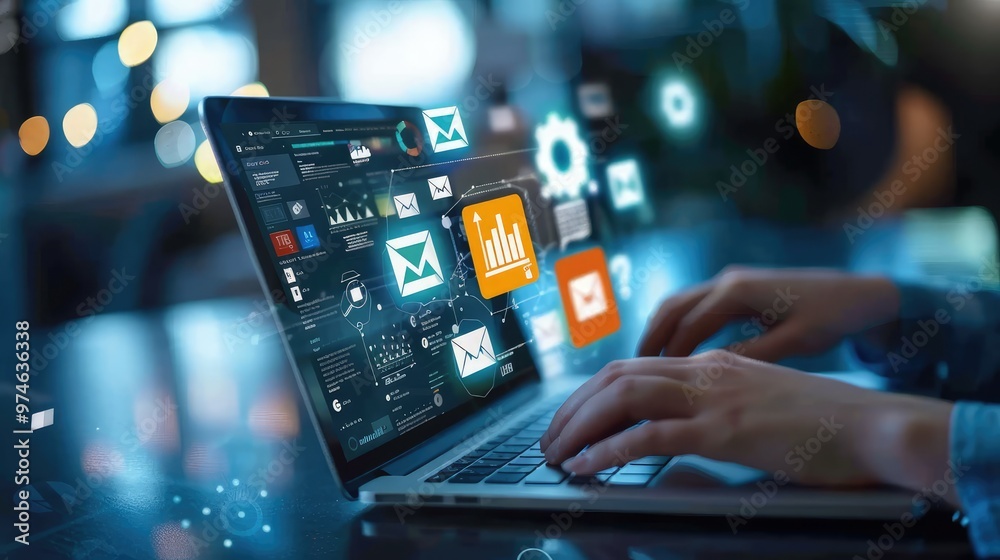 A person managing an online marketing campaign from a laptop. A person managing an online marketing campaign from a laptop.