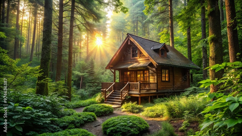 Serene secluded wooden house nestled among dense foliage of towering trees, surrounded by lush greenery, with warm sunlight filtering through leafy branches. Serene secluded wooden house nestled among dense foliage of towering trees, surrounded by lush greenery, with warm sunlight filtering through leafy branches.