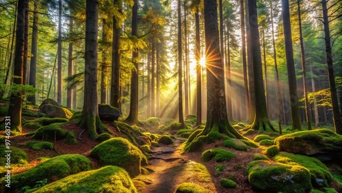 Serene temperate forest landscape featuring dense canopy of mixed deciduous and coniferous trees, illuminated by soft filtered light, with lush undergrowth and moss-covered rocks. photo