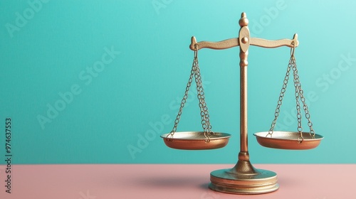 A golden scale of justice stands against a blue and pink backdrop, symbolizing balance and fairness.