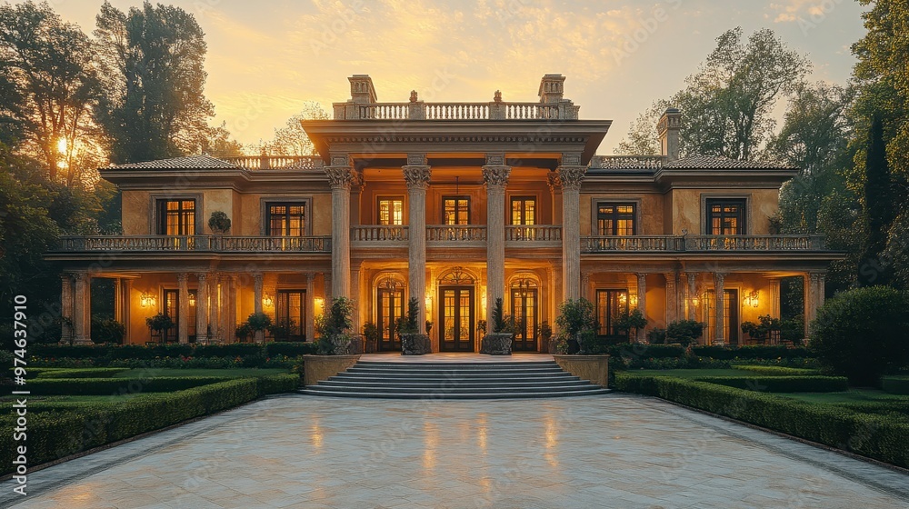 Naklejka premium A grand mansion with classical architecture, surrounded by lush greenery at sunset.