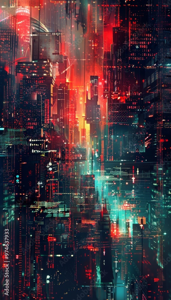 Vibrant abstract cyberpunk cityscape with shimmering neon lights and flowing digital code patterns Vibrant abstract cyberpunk cityscape with shimmering neon lights and flowing digital code patterns