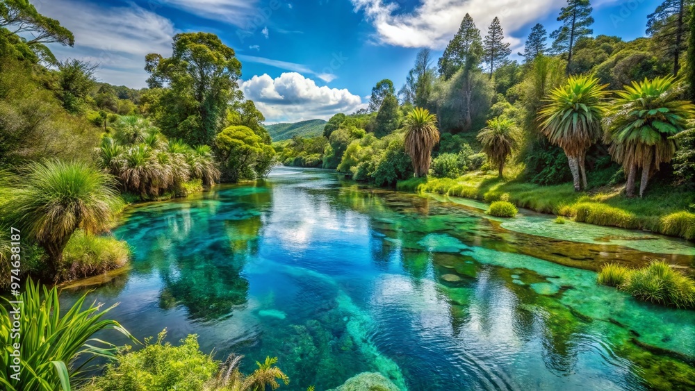 Serene turquoise waters flow gently through lush native vegetation and ancient trees at Hamurana Springs, a tranquil and mystical natural wonder in New Zealand. Serene turquoise waters flow gently through lush native vegetation and ancient trees at Hamurana Springs, a tranquil and mystical natural wonder in New Zealand.