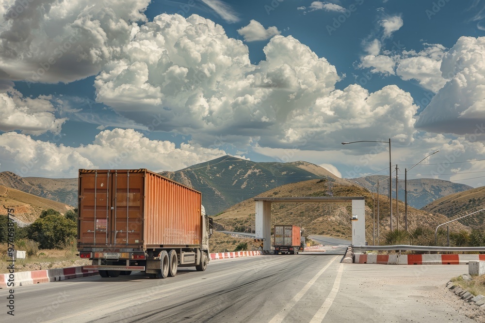 Obraz premium International Freight Logistics - Cargo Truck at Border Checkpoint with Customs Officers