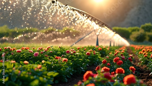 Innovative Irrigation System Nurturing Vibrant Flower Garden with State-of-the-Art Technology Under a Sunny Sky for Sustainable Agriculture and Crop Efficiency