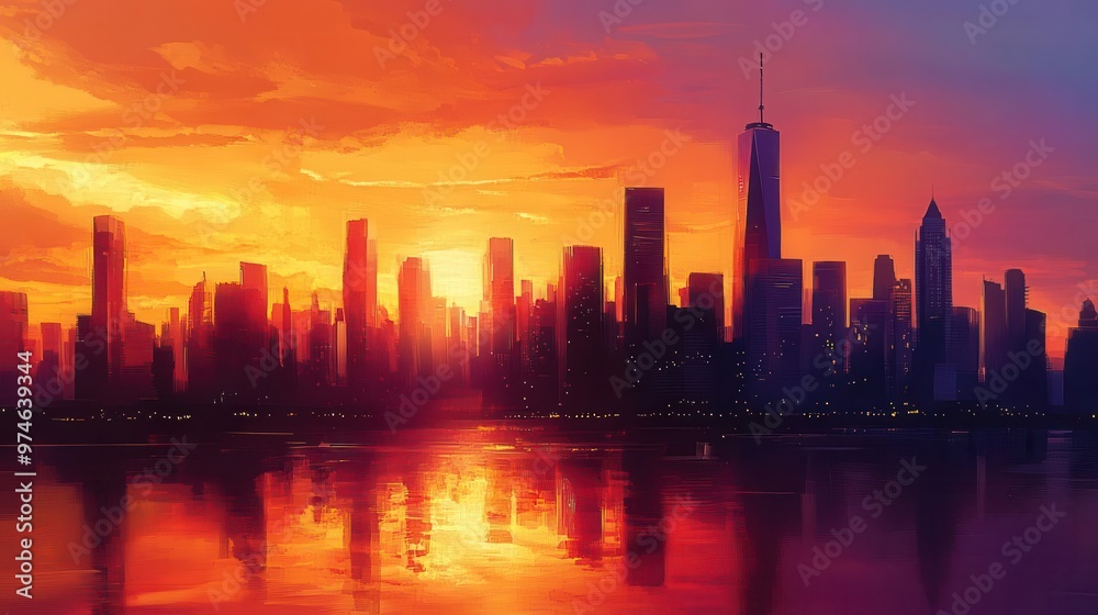 breathtaking cityscape silhouette bathed in golden hour light skyscrapers reflect warm hues as sun dips below horizon painting sky in vibrant oranges and purples breathtaking cityscape silhouette bathed in golden hour light skyscrapers reflect warm hues as sun dips below horizon painting sky in vibrant oranges and purples