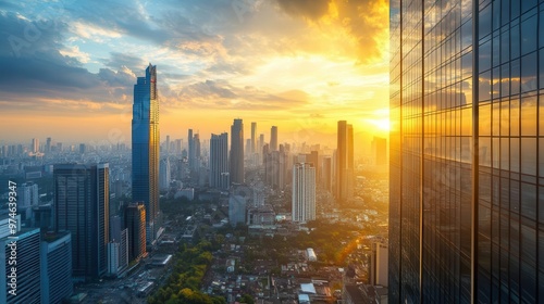 breathtaking cityscape view of a modern metropolis at sunrise golden light bathes sleek skyscrapers creating a stunning urban landscape from an elevated perspective