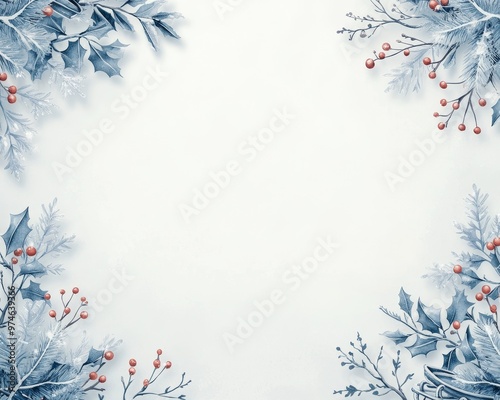 A white background with a frosty winter border of blue leaves and red berries, perfect for holiday or winter themed designs.