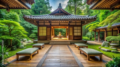 Serenity fills the air at this tranquil meditation center surrounded by lush greenery and ornate wooden architecture, evoking a sense of peaceful contemplation.