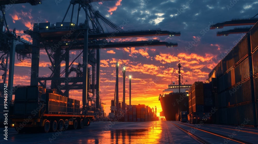 low angle view of realistic the big shipyard, a lot of storage, loading crane, truck, realistic twilight sky on background. low angle view of realistic the big shipyard, a lot of storage, loading crane, truck, realistic twilight sky on background.
