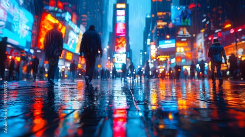 Wallpaper Mural Side view of pedestrians walking along a crowded city street at night, with bright lights reflecting off the wet pavement. The 3D rendering captures the fast-paced movement of the night Torontodigital.ca