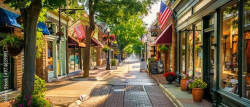 Fototapeta Naklejka Na Ścianę i Meble -  Charming Main Street in Small American Town with Locally Owned Shops and Friendly Locals Enjoying Small-Town Life
