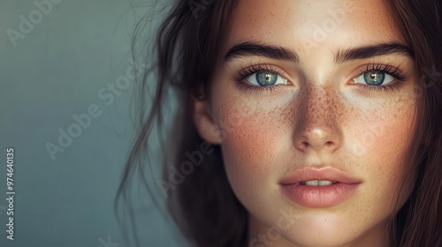 captivating closeup portrait of brunette woman with flawless skin and intense gaze dramatic lighting accentuating features against gray backdrop