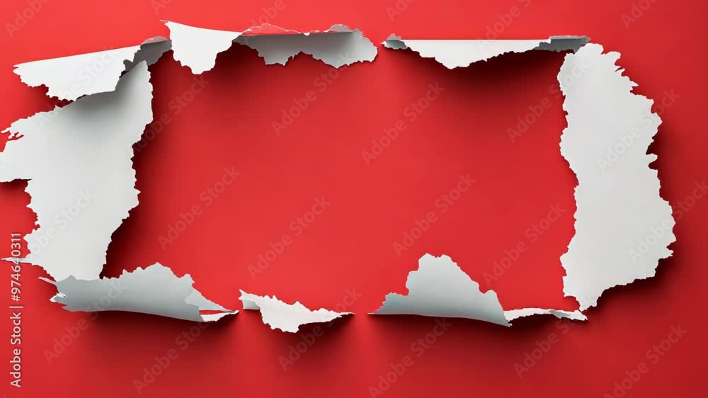 Creative process of tearing paper to reveal bright red background in artistic presentation Creative process of tearing paper to reveal bright red background in artistic presentation
