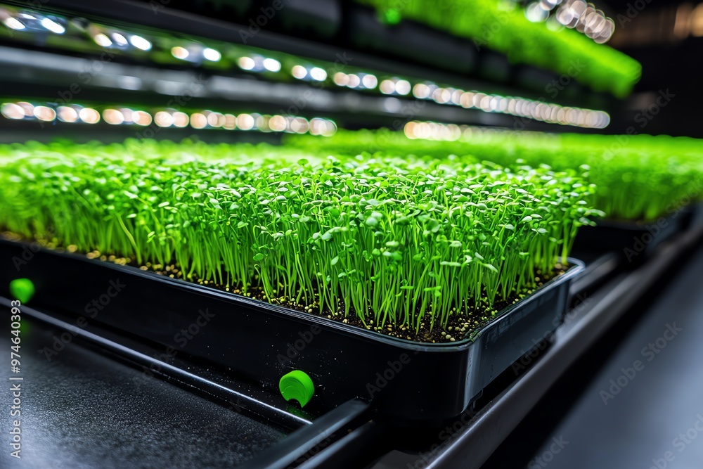 A thriving microgreens farm operating in a city basement, using artificial light to grow fresh produce A thriving microgreens farm operating in a city basement, using artificial light to grow fresh produce