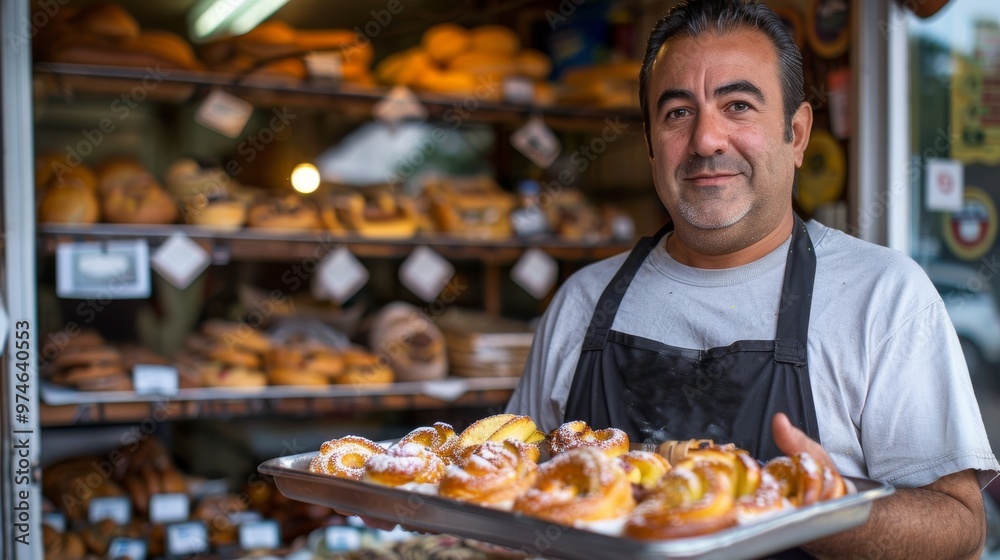Obraz premium Proud Local Bakery Owner Presenting Fresh Pastries in Front of Storefront