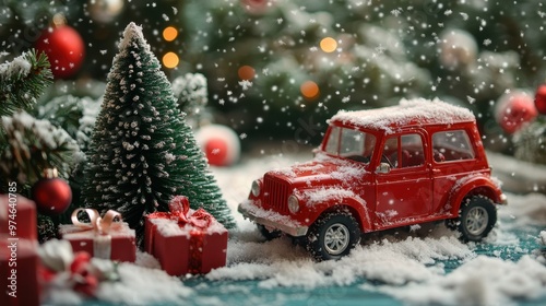 Christmas toy car with tree and gifts, surrounded by snow, winter wonderland park, detailed festive scene