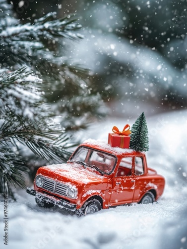 Festive toy car with tree and gifts in snow, winter park setting, joyful and nostalgic, professional photography