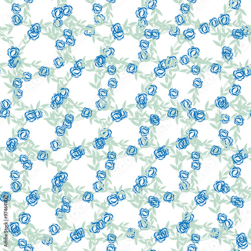 A floral pattern featuring blue roses and green leaves on a white background.