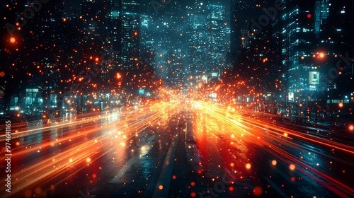 Long exposure of a city street at night, with glowing trails of car lights speeding past. The 3D photography brings out the fast-paced energy of the scene