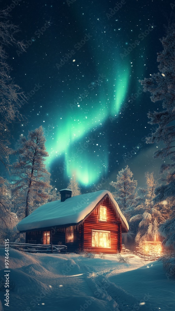 Snowy cozy house under Northern Lights, concept of winter, warmth, serenity, nature's beauty, remote living. Snowy cozy house under Northern Lights, concept of winter, warmth, serenity, nature's beauty, remote living.