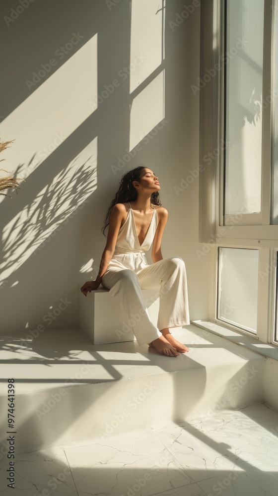 Young woman in a white outfit enjoying sunlight in a minimalist room with large windows Young woman in a white outfit enjoying sunlight in a minimalist room with large windows